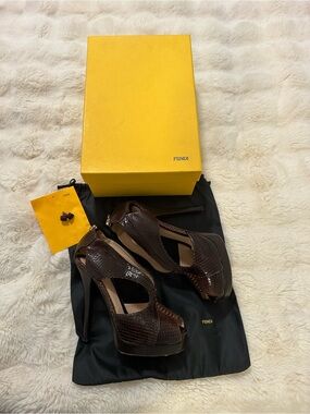 Authentic Fendi brown python leather peep toe platform heels in size 40